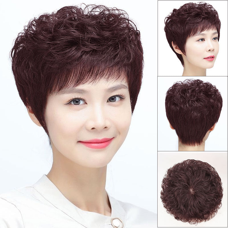 Durable Female Covering Gray Mother Human Wig Short Curly Hair
