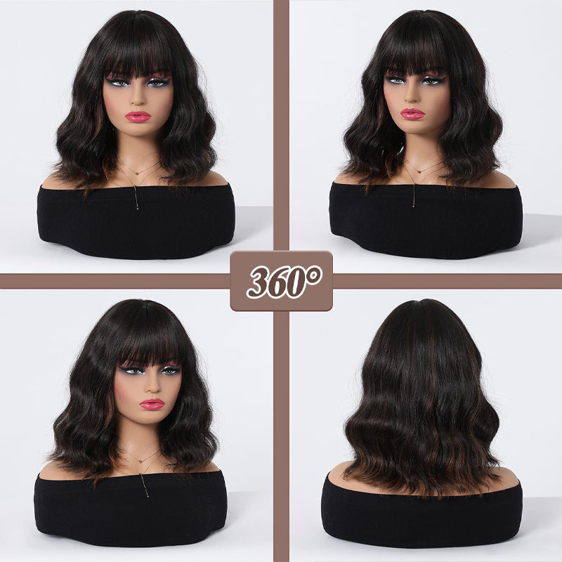 Women's Wavy White Bob Bangs Soft Synthetic Wig Short Curly Hair