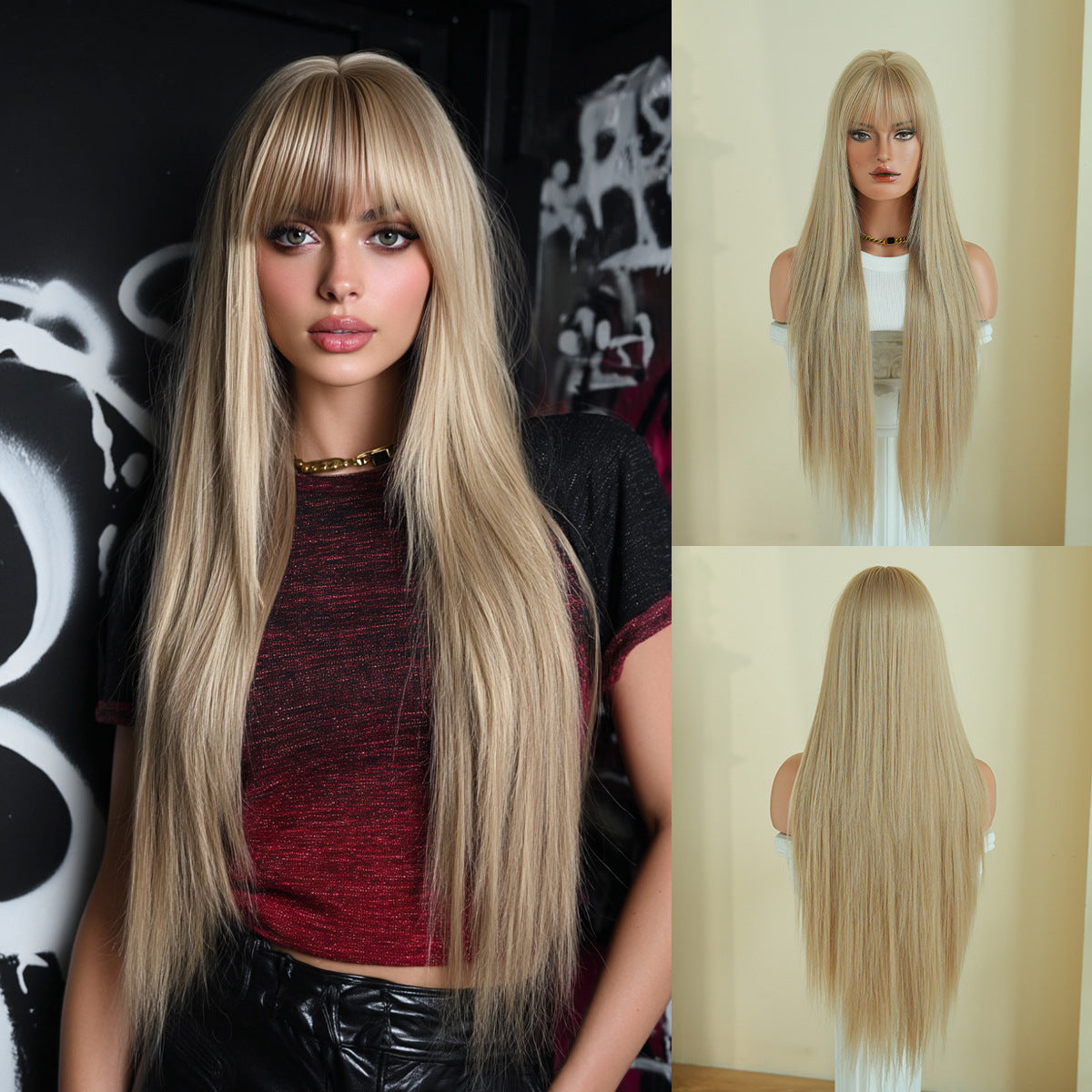 Black Full Top Bangs High Quality Chemical Long Straight Wig