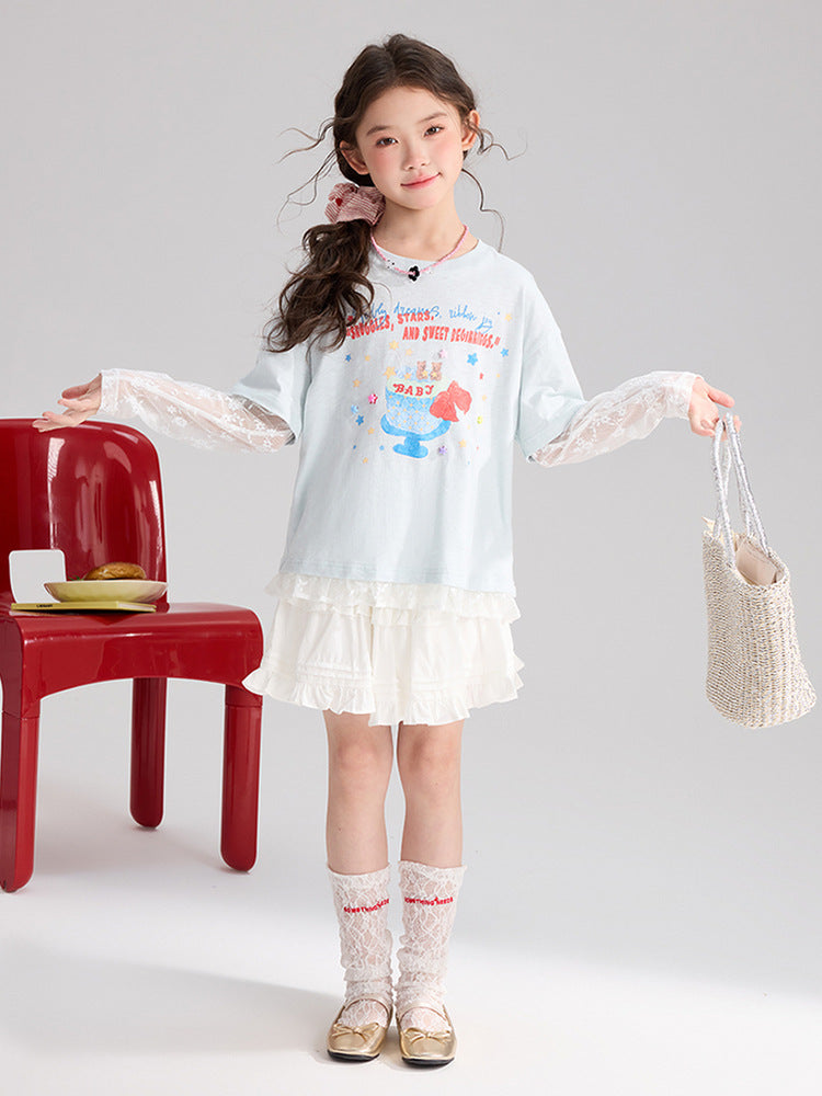 Children's Pudding Clothing Fake Two-piece Summer Lace Stitching Pure Cotton Children's T-shirt