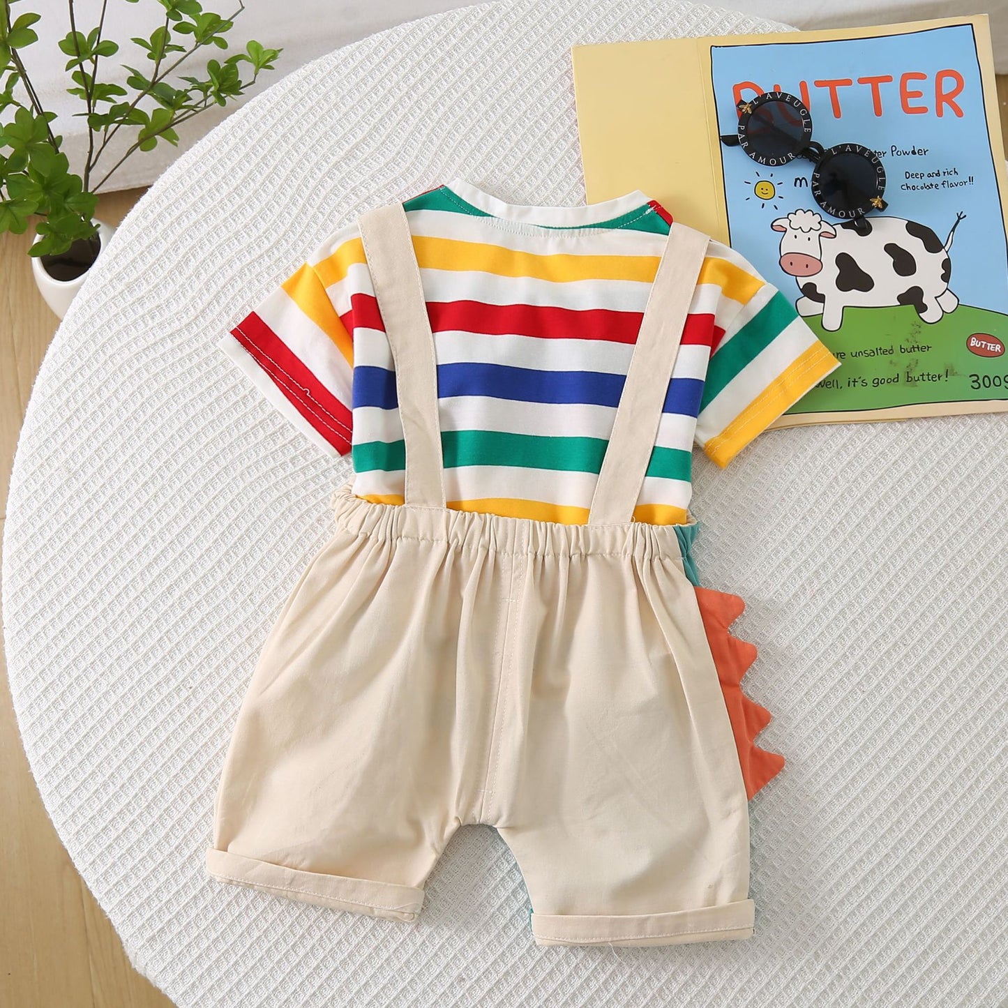 Stripes Round Neck Short Sleeve Leisure Suspender Pants Children's Suit