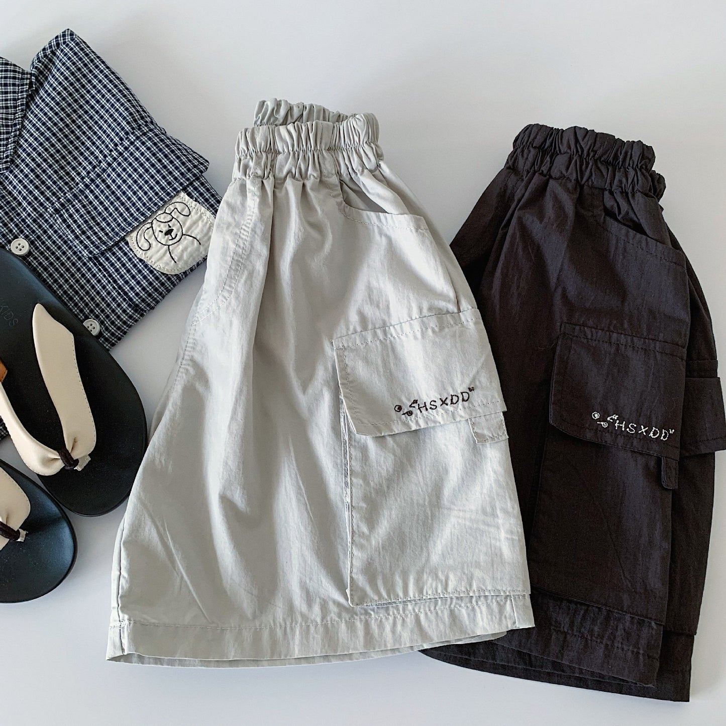 Children's Summer Korean Style Pocket Overalls Solid Color Children's Pants