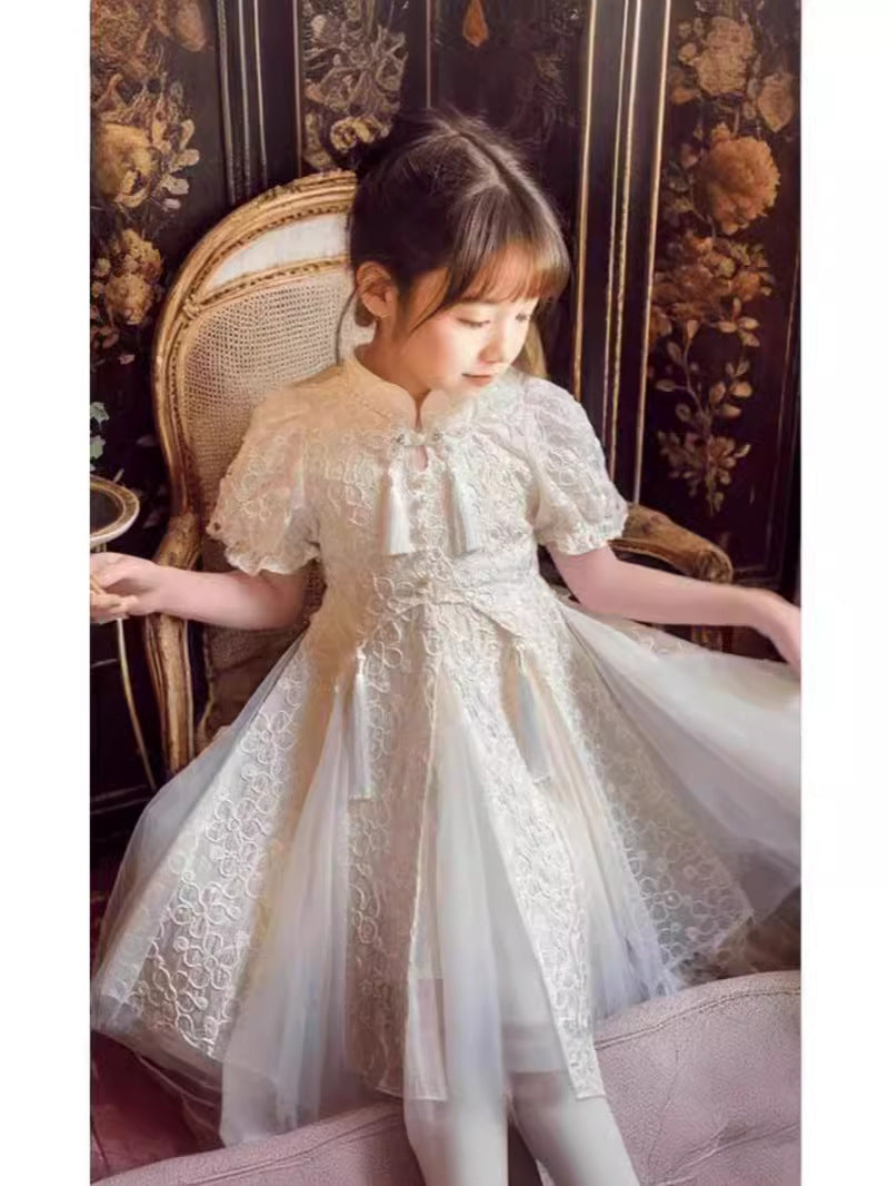 Children's Style Han Costume Summer Cheongsam Puff Sleeve Mesh Children's Dress