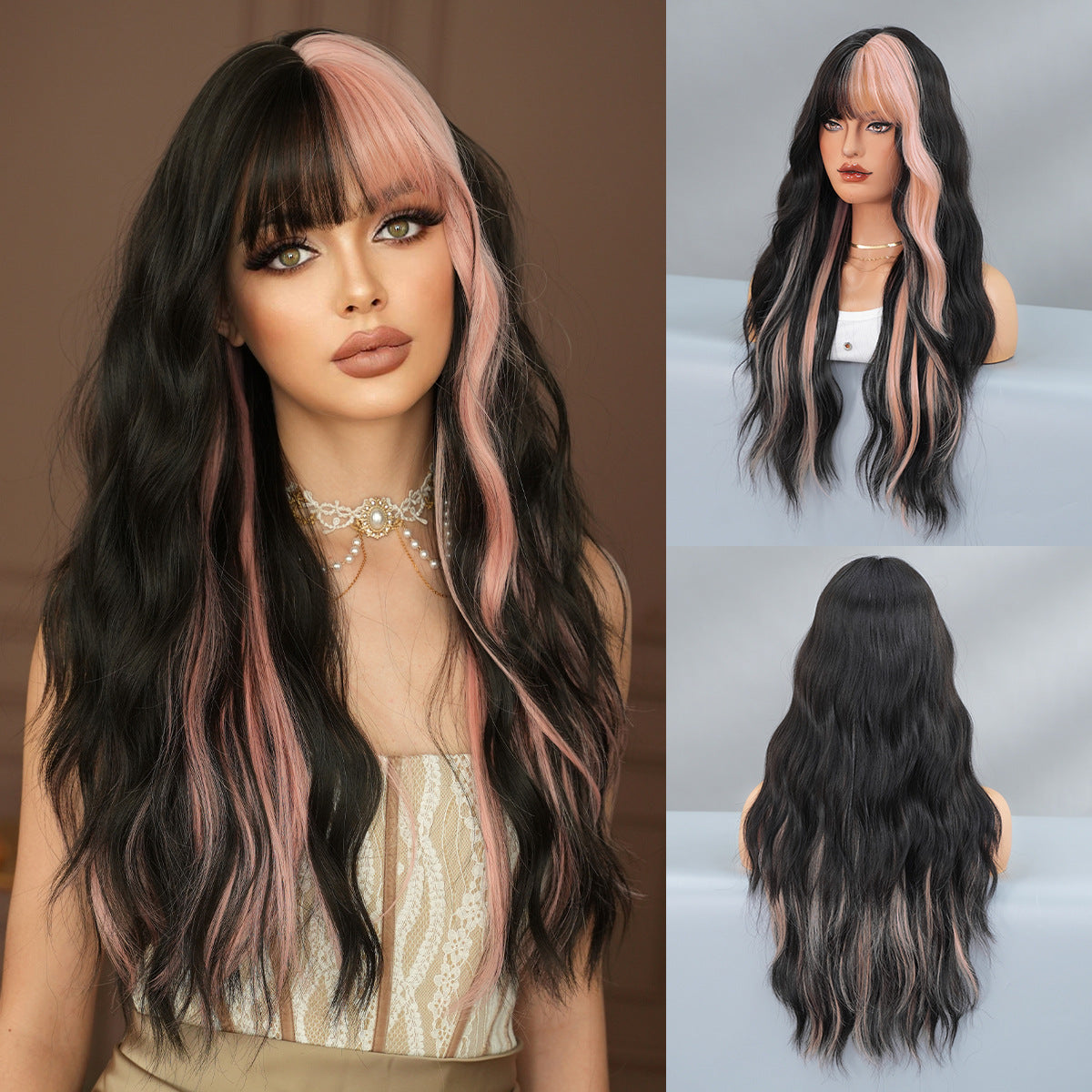 Women's Hair Sier Gray Highlight Full Head Big Wave Wig Long Curls