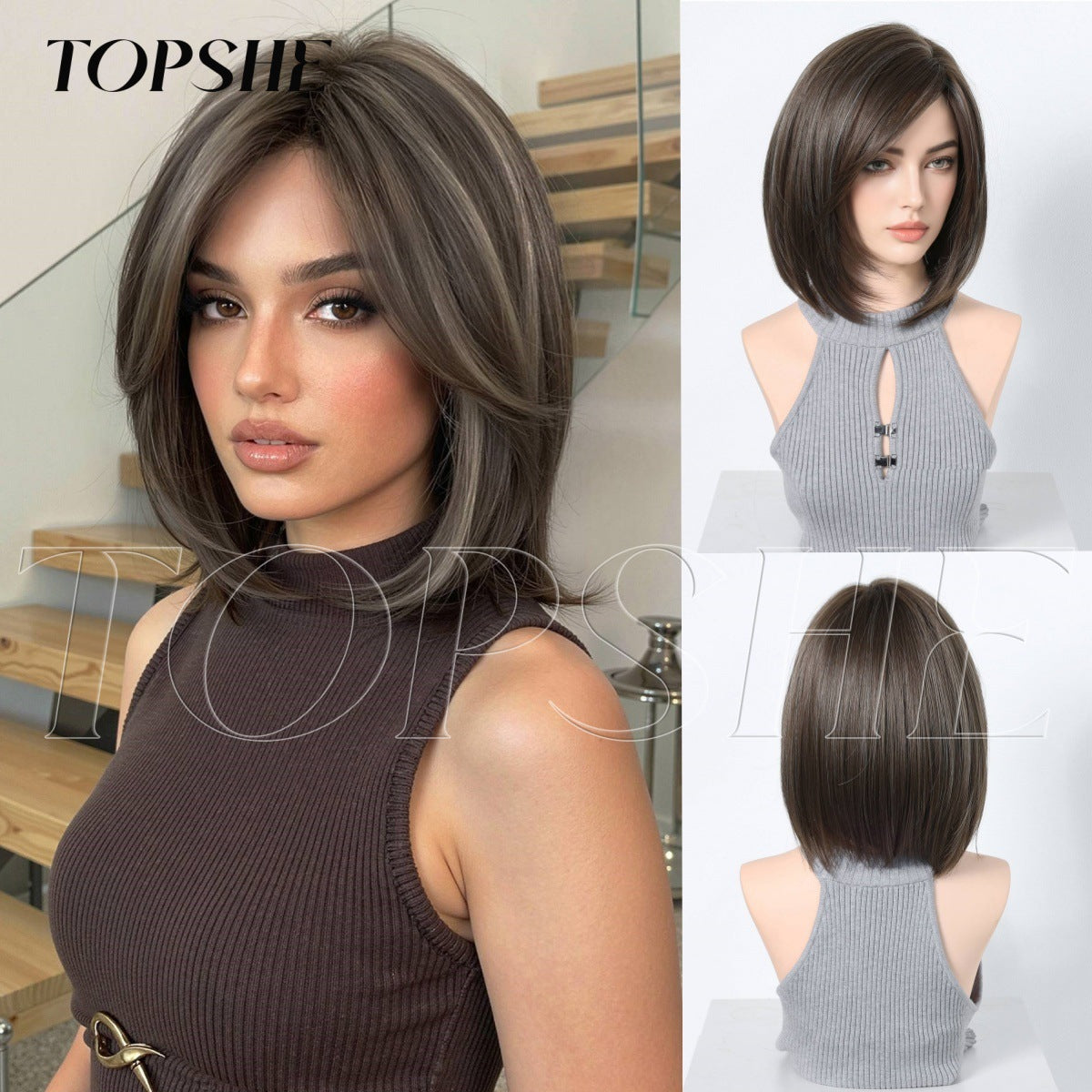 Women's Short Wave Head Gray Brown Highlight Long Straight Wig