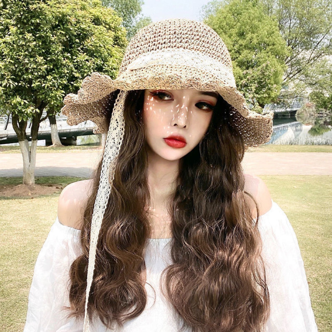 Women's Hat Integrated Fashion Sun Protection Curly Wig Long Curls