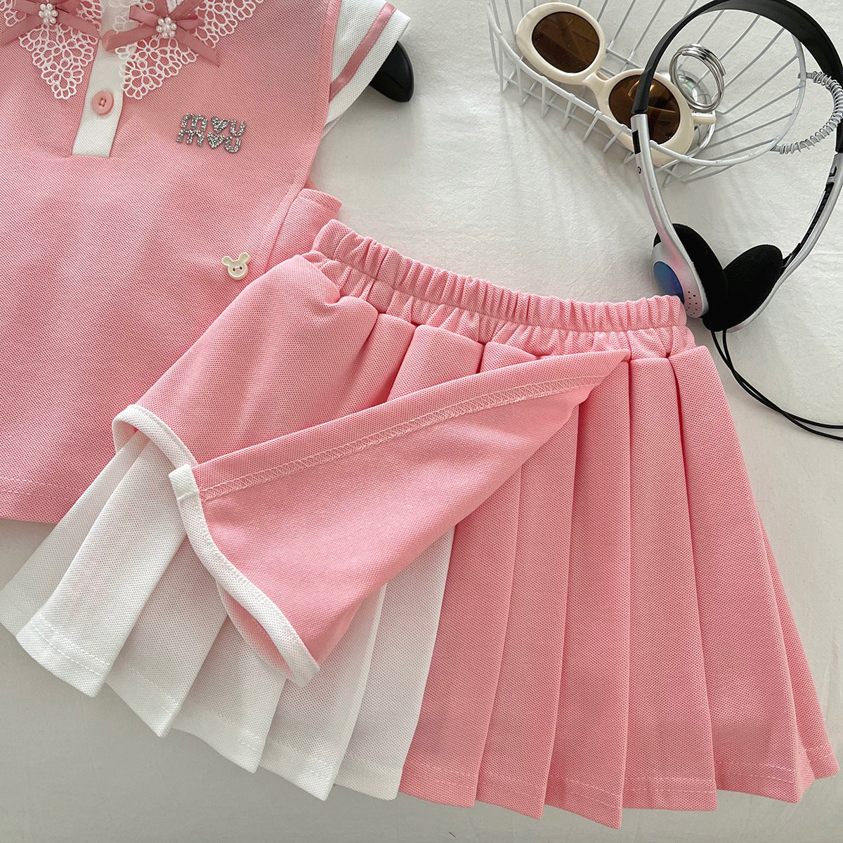 Summer Lapel Flower Bow Tie Vest Top Lace Skirt Children's Suit