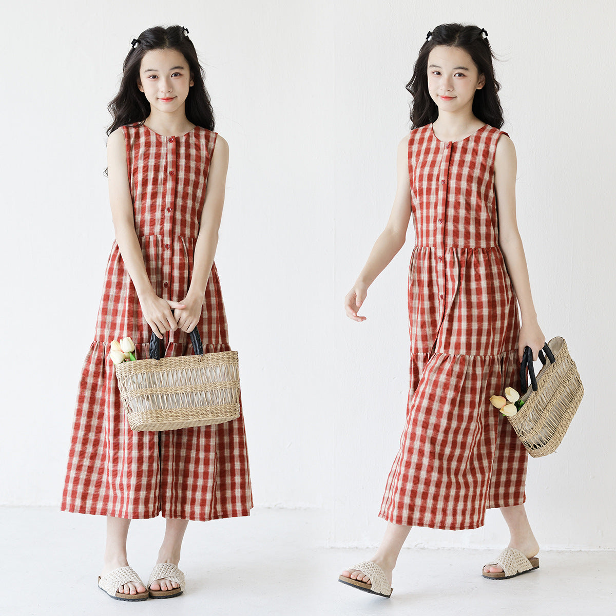 Long Sleeveless Bandage Medium Big Korean Style Retro Dark Red Children's Dress
