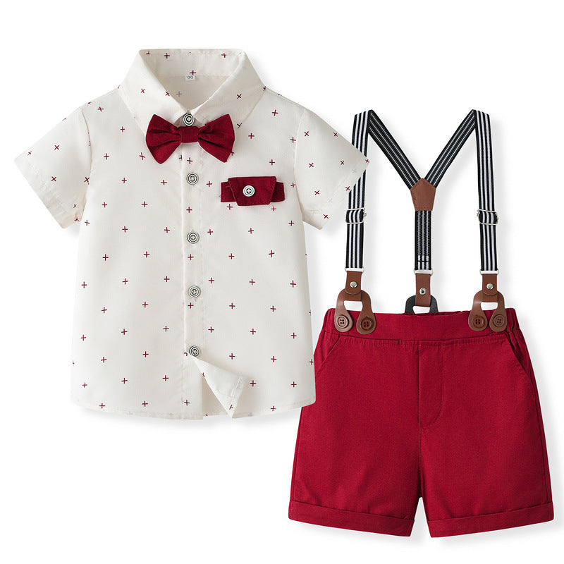 Children's Clothing Source Summer Short-sleeved Suspender Pants British Children's Suit