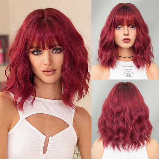 Red Inch Female Straight Bangs Water Ripple Head Chemical Wig Short Curly Hair