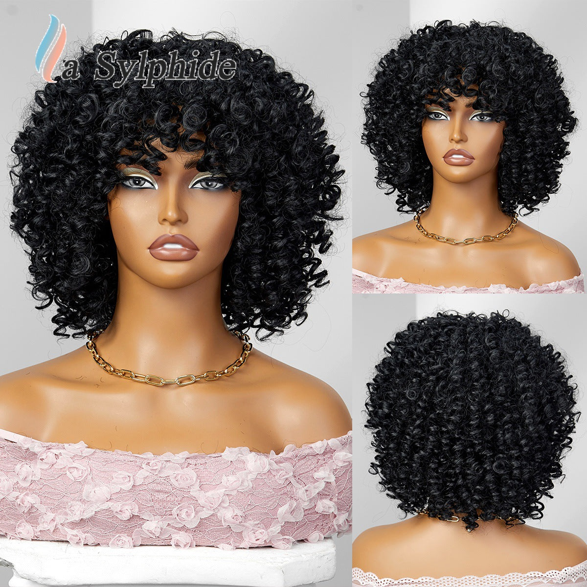 Bangs Orange Highlight Color Mixing Machine Wig Short Curly Hair