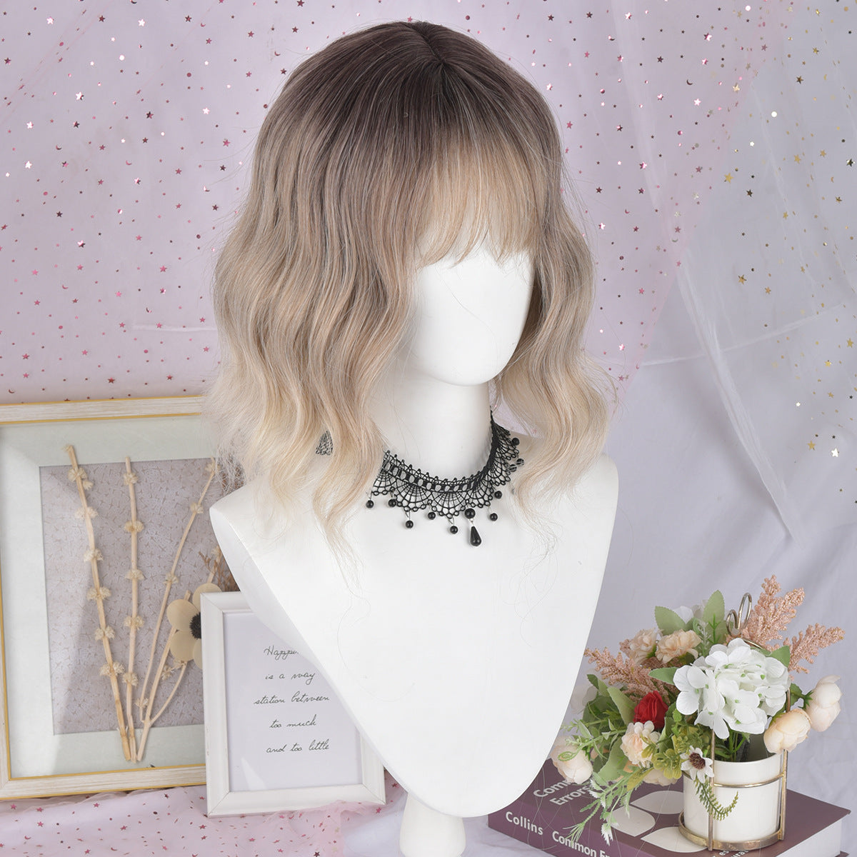 Straight Bangs Chemical Fiber Dyed Gradient Wig Short Curly Hair