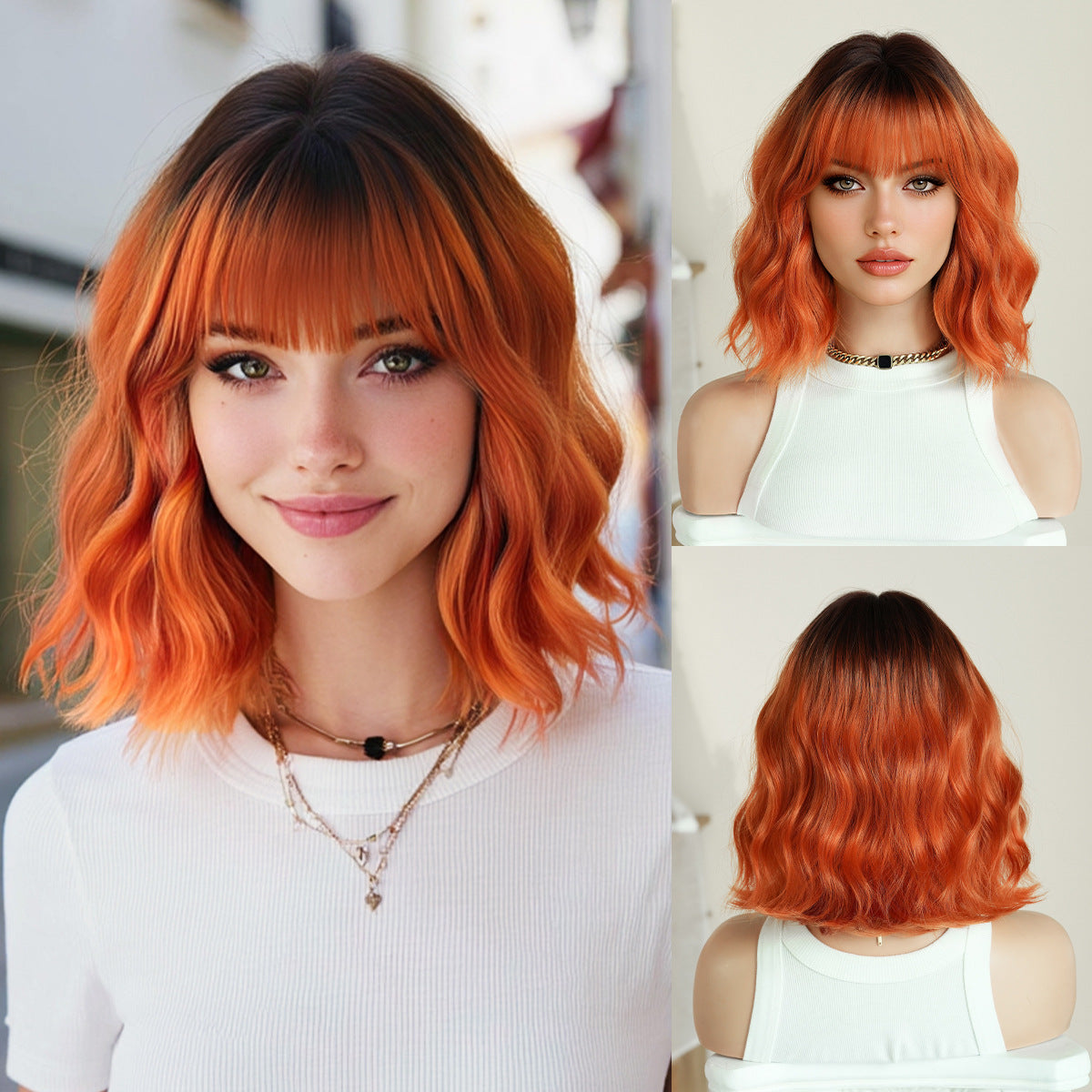 Gradient Blue Female Straight Bangs Water Ripple Head Chemical Wig Short Curly Hair