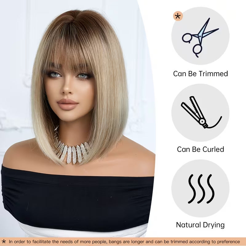 Women's Coffee Color For Platinum Gradient Air Bangs Lock Bone Rose Wig Short Straight Hair
