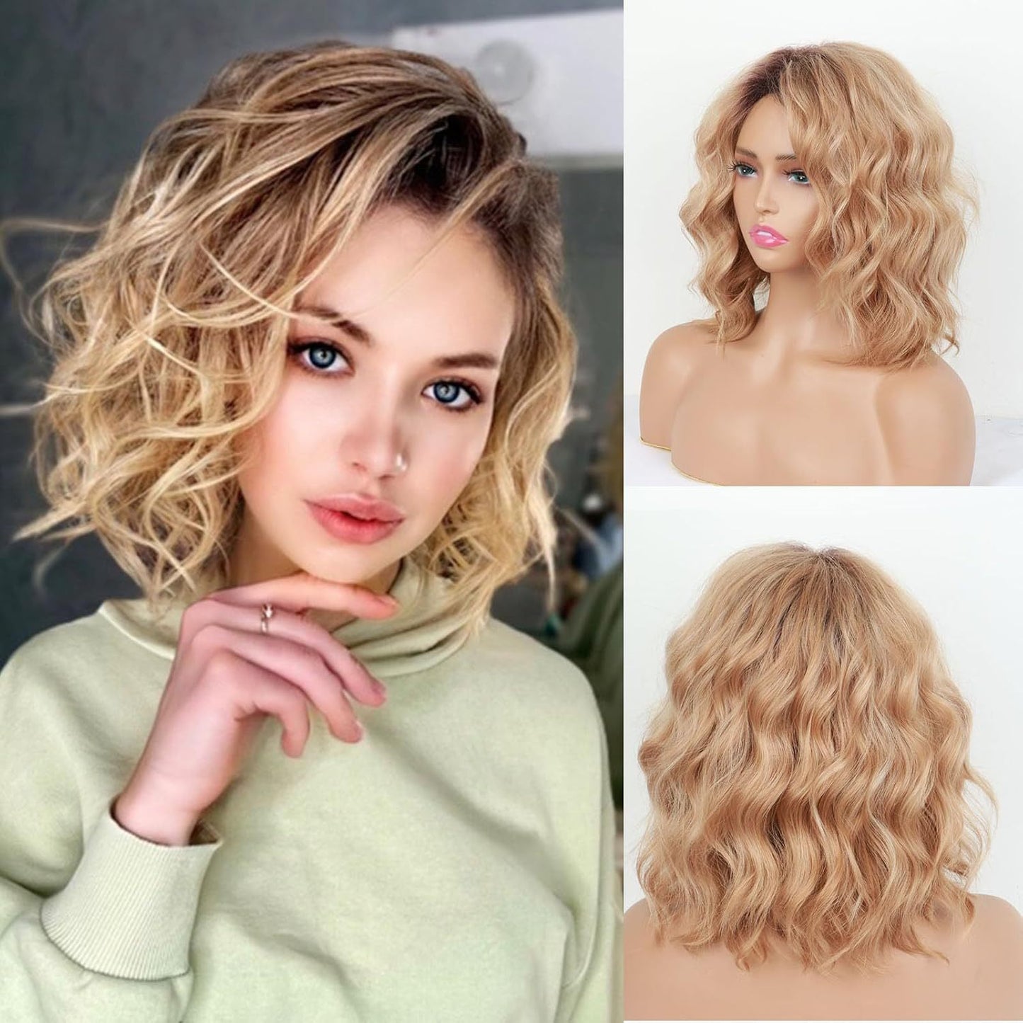 Women's Brown Dyed Water Ripple Head Cover Wig Short Curly Hair