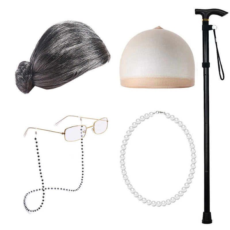 Old Grandma Grandpa Halloween Lady Set Cos Wig