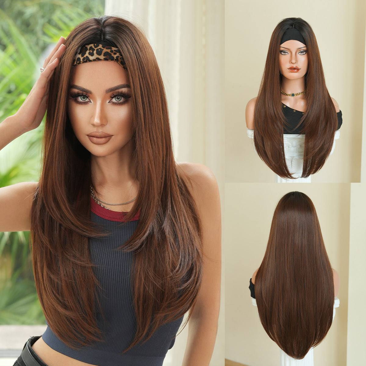 Women's Hot Wind Black Bandana Headband Layered Straight Hair Golden Brown Other Wig