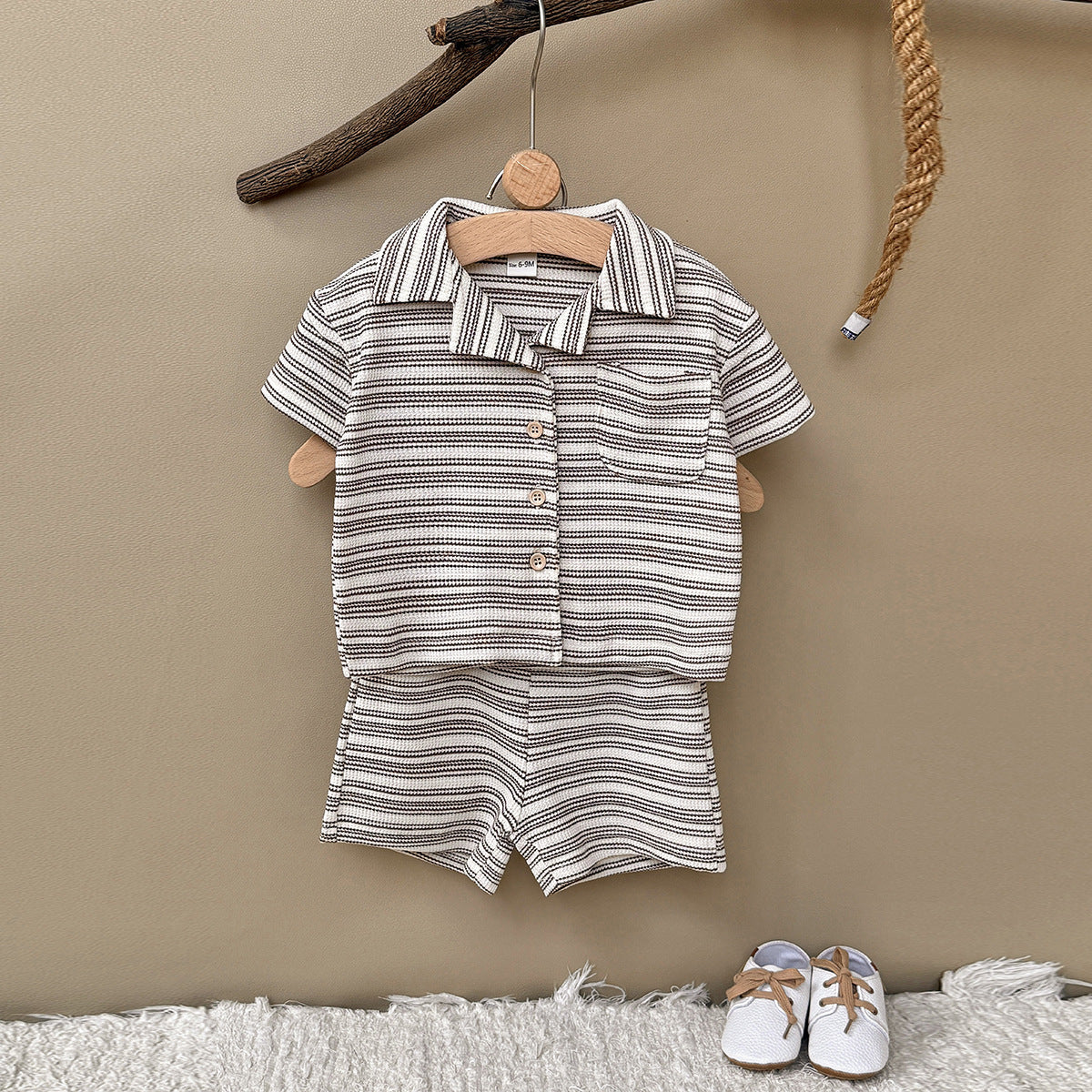 Children's Solid Color Narrow Striped Button Two-piece Children's Suit