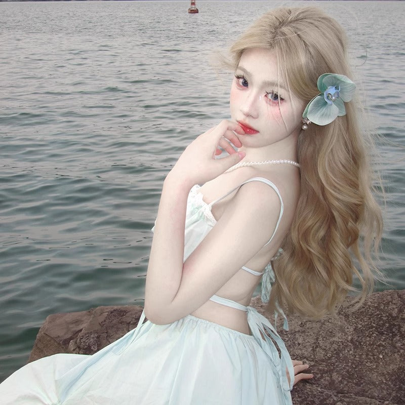Women's Hair White Gold Color Mid-length Bangs Wig Long Curls