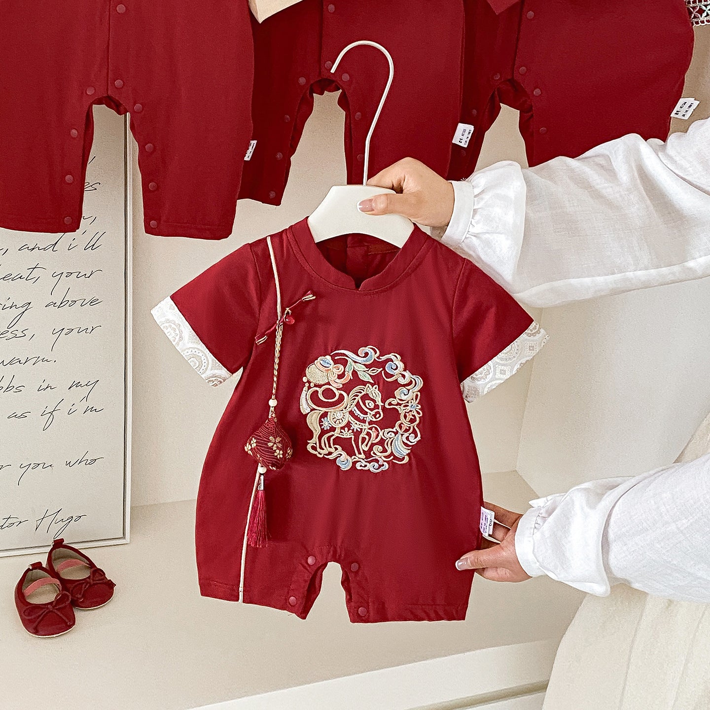 Boy Red Clothes Summer Jumpsuit Hundred Days Banquet Centennial Year Jumpsuit, Climbing Suit