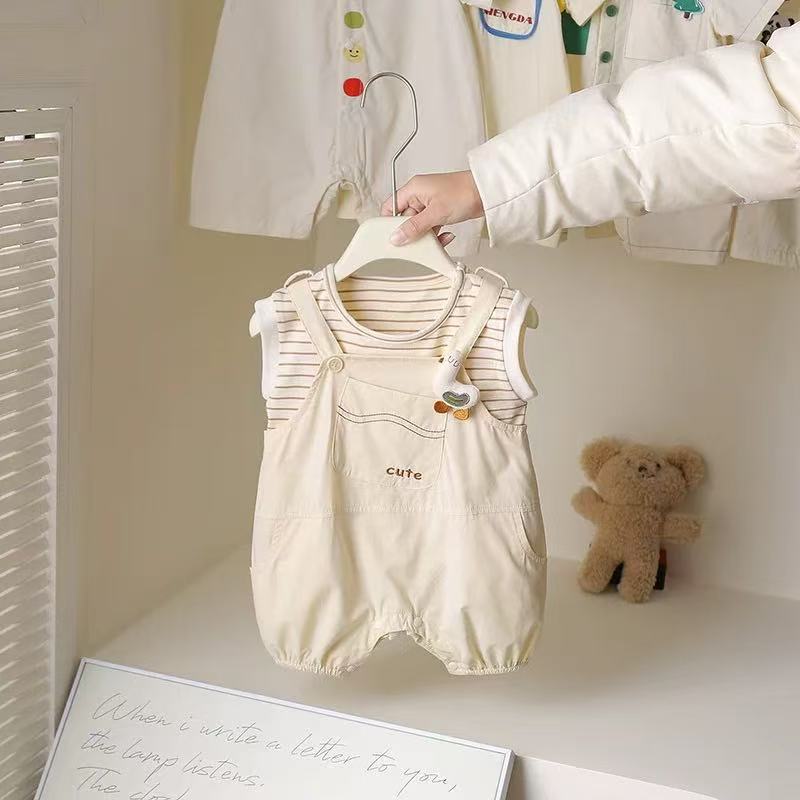 One-piece Striped Sleeveless Suspender Pants Two-piece Set Cartoon Jumpsuit, Climbing Suit