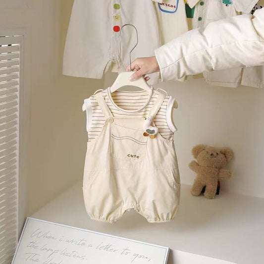 One-piece Striped Sleeveless Suspender Pants Two-piece Set Cartoon Jumpsuit, Climbing Suit