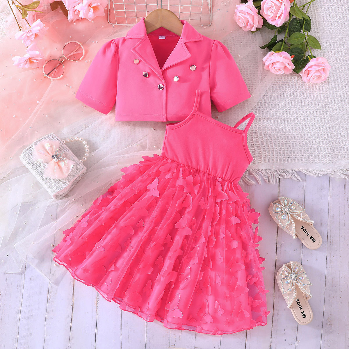 Butterfly Mesh Camisole Long Skirt Two-piece Children's Suit