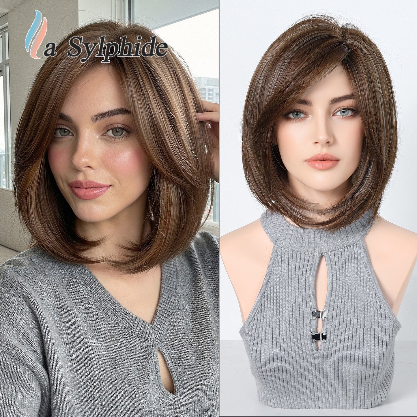 Dyed Brown Collarbone Straight Partial Bangs Breathable Rose Mesh Head Wig Short Curly Hair