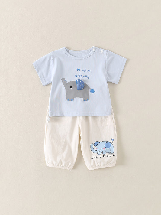 Children's Cotton Boy Cute Elephant Short Sleeve Breathable Outer Wear Two-piece Children's Suit