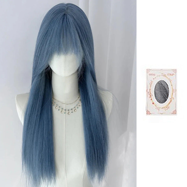 Glacier Forehead Lace Low Saturation Blue Female Long Straight Wig