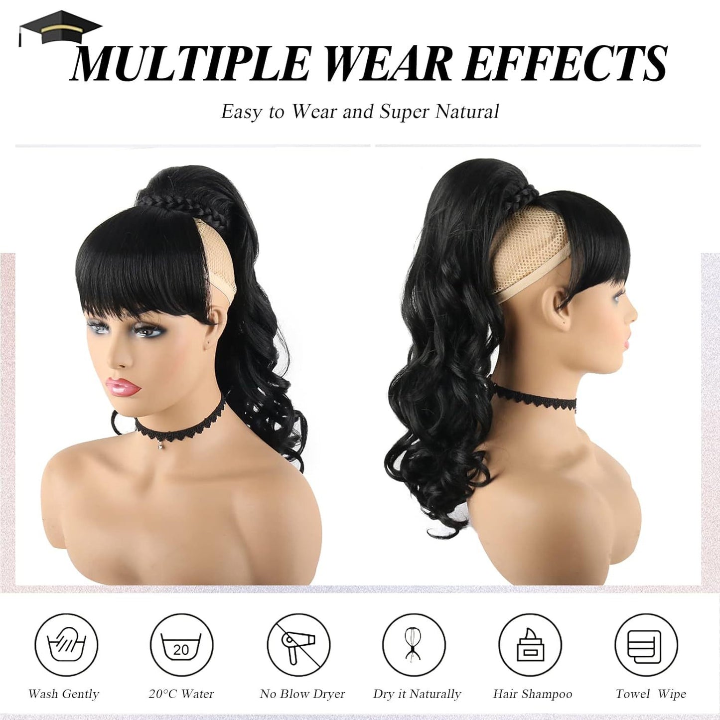 Women's Black Long Curly Bangs Hair Wig Ponytail