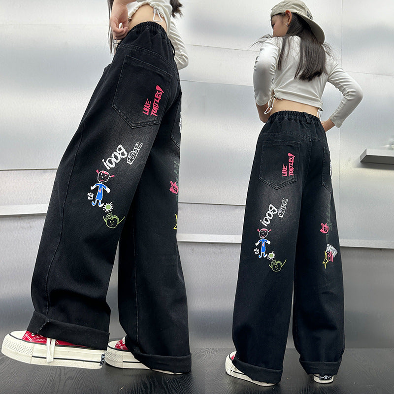 Boys Jeans American Style Iti Printing Wide Leg Fried Children's Pants