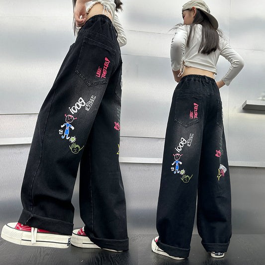 Boys Jeans American Style Iti Printing Wide Leg Fried Children's Pants