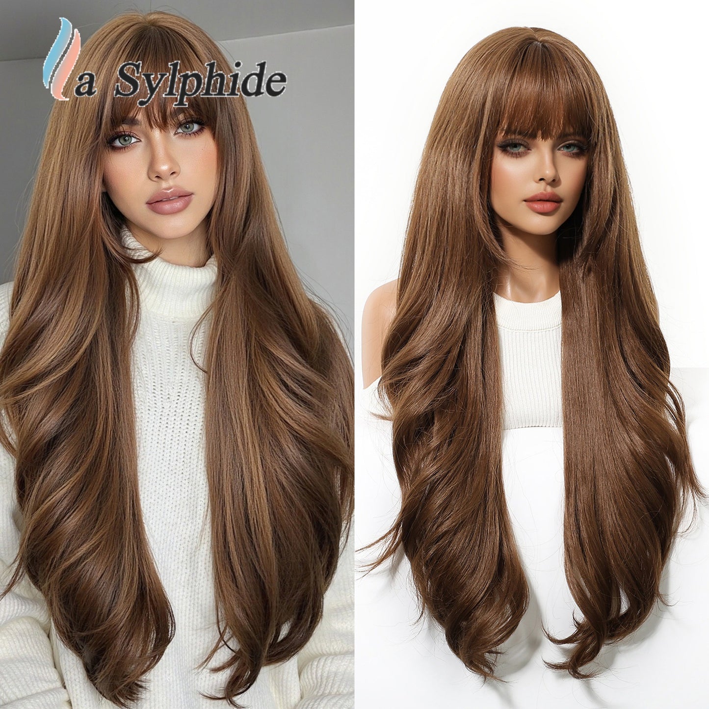 Female Bangs Super Curly Brown Fiber Mechanism Head Cover Wig Long Curls