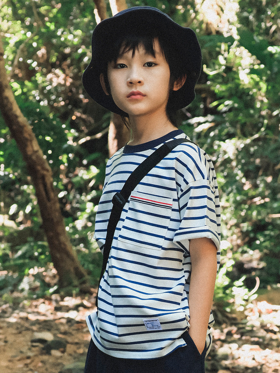 Men's & Children's Striped Short-sleeved Shirt Summer Medium Big Double Yarn Cotton Children's T-shirt