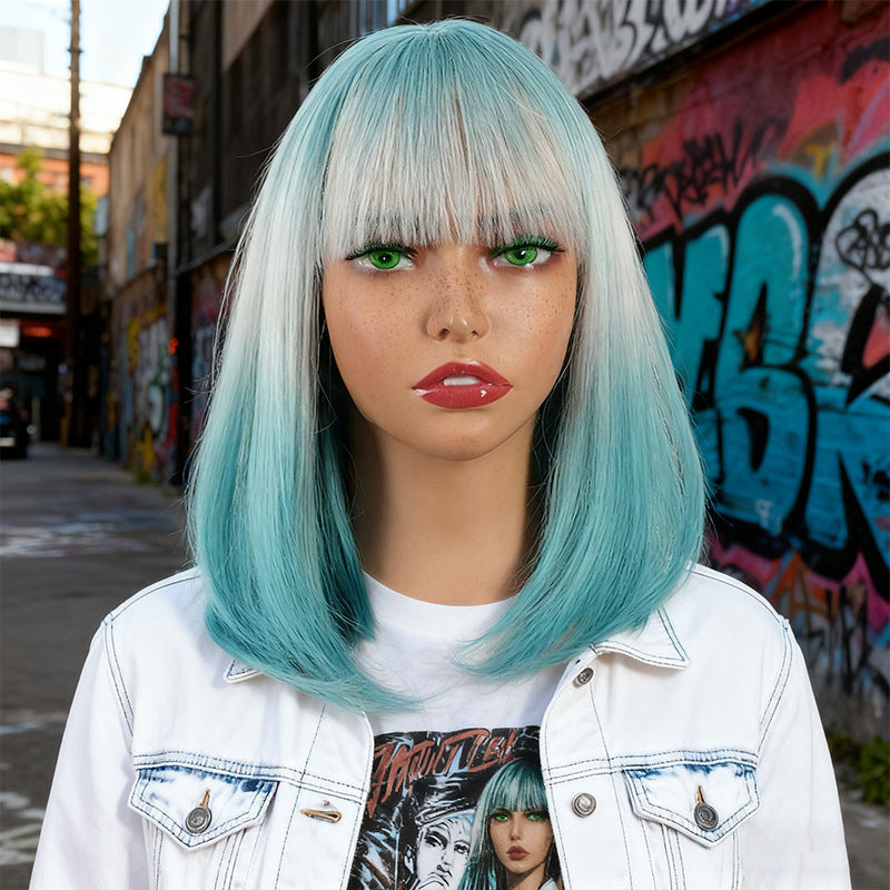 Women's Gradient Rainbow Color Full Top Collarbone Length Wig Short Straight Hair