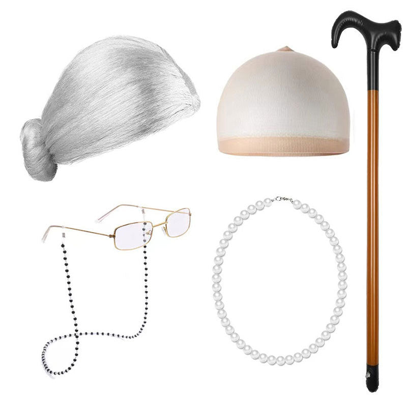 School Day Old Grandma Grandpa Crutches Lady Cos Wig