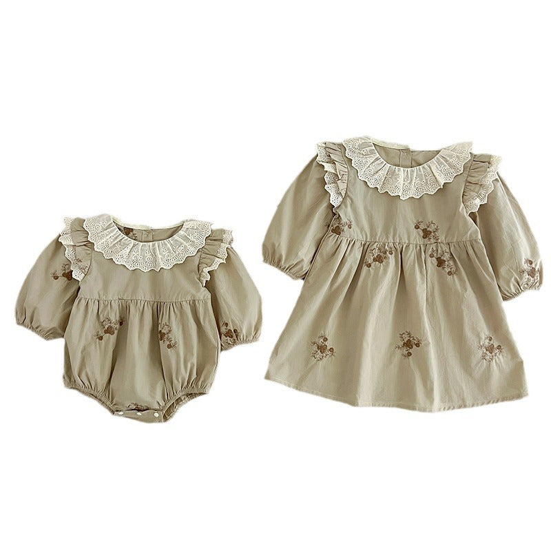 Sisters Outfit Infants Romper Long Sleeve Lace Collar Embroidered Children's Dress