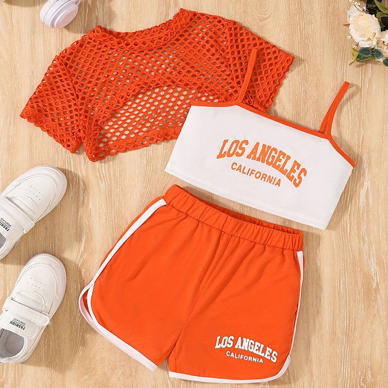 Mesh Hollow Out Camisole Vest Shorts Sports Children's Suit