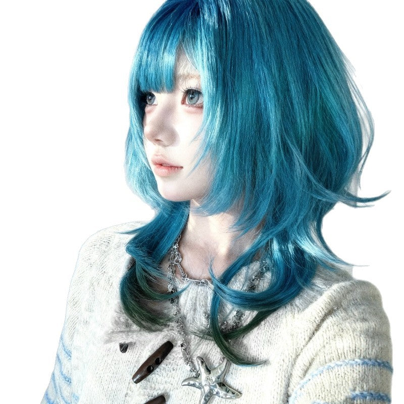 Blue Gradient Wolf Tail Jellyfish Head High-level Short Hair Straight Wig Long Curls
