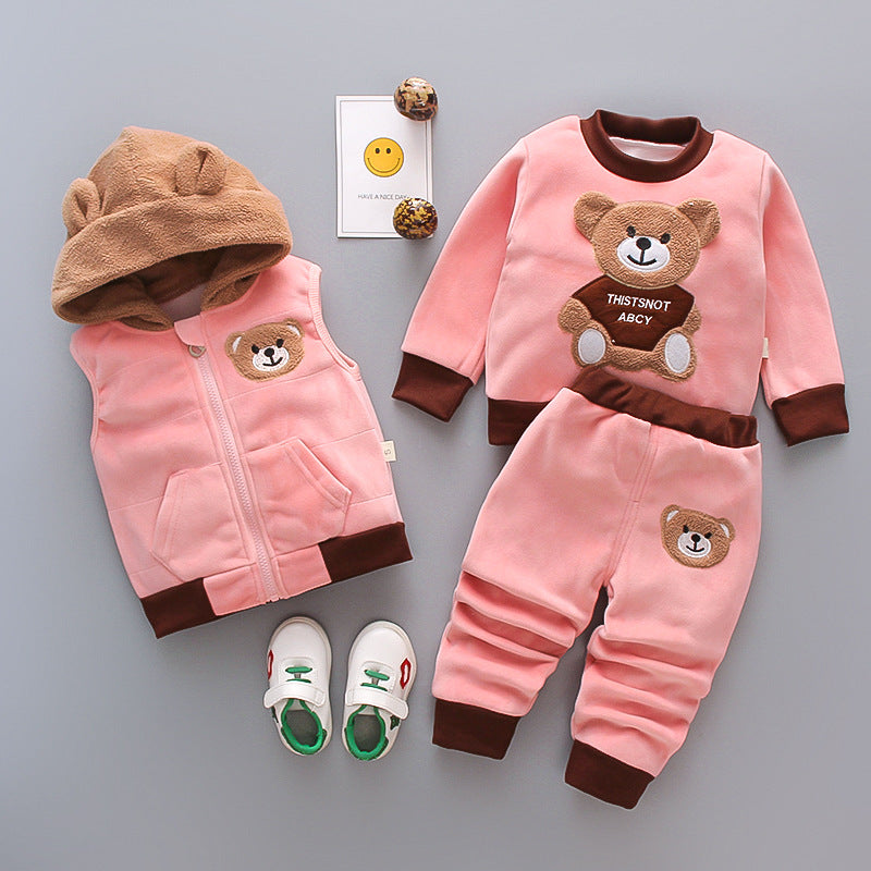 Children's Clothing Korean Style Cartoon Veet Bear Three-piece Boys Children's Suit