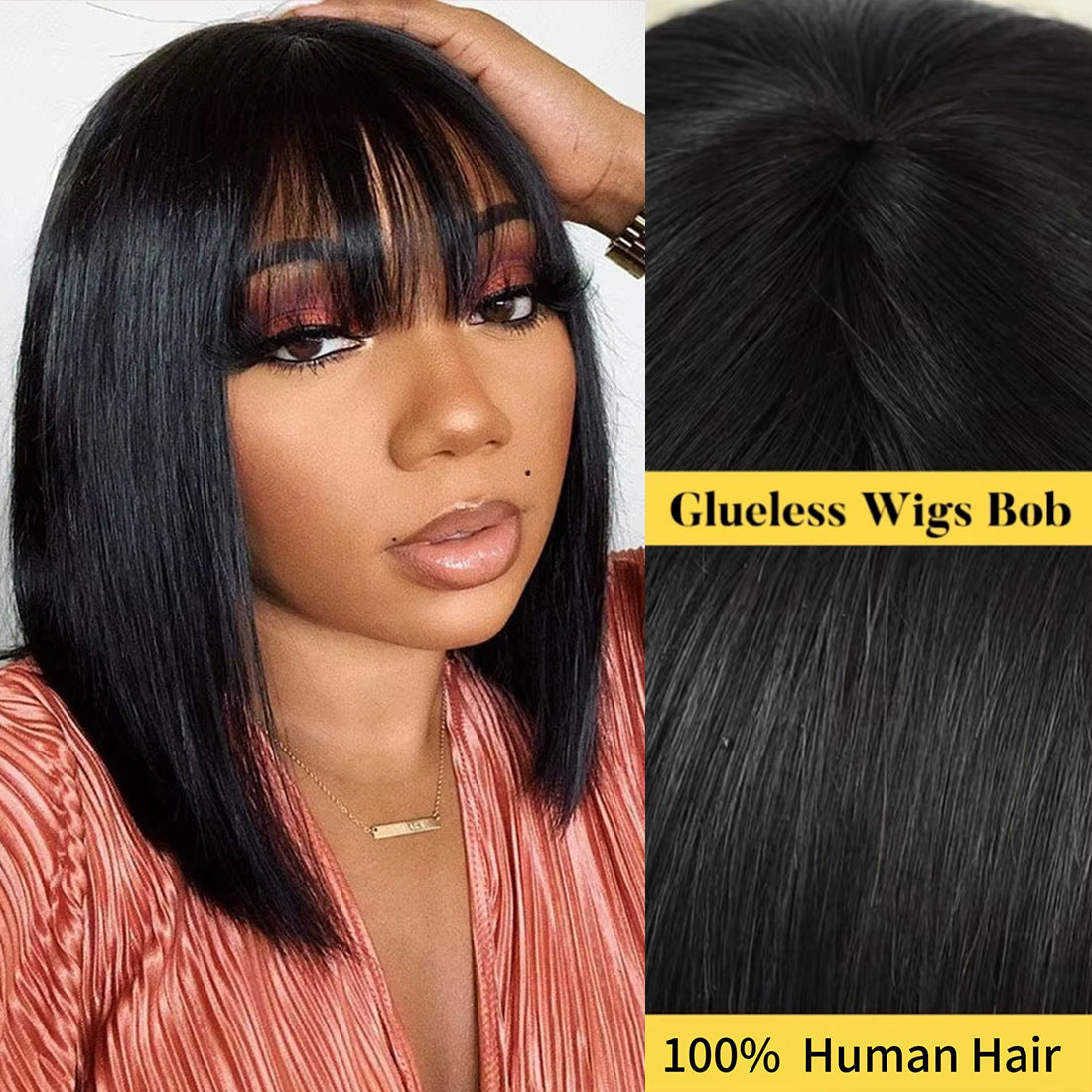 Real Human Mechanism Wave Head Cover Wig Short Straight Hair