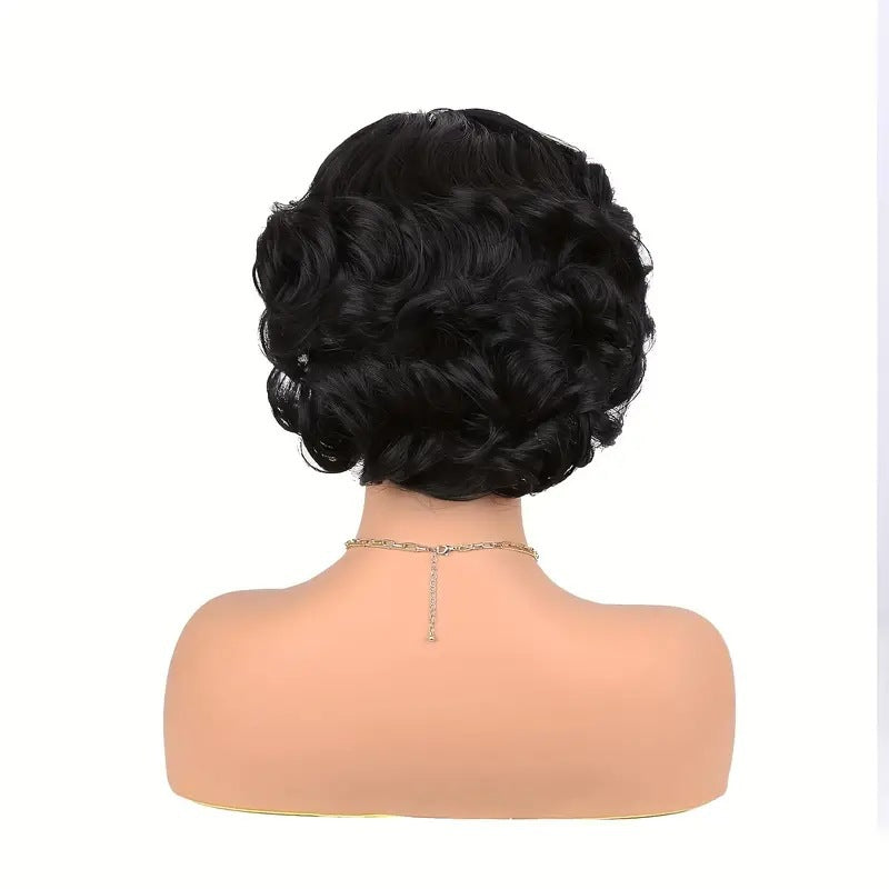 Black Front Lace Female Head Cover Fiber Wig Short Curly Hair