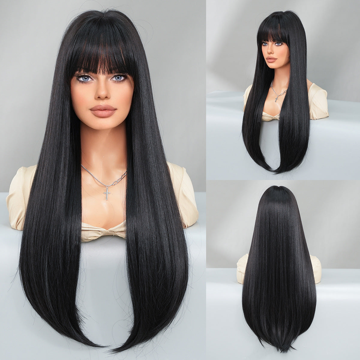 Women's Caramel Mocha Bangs Inner Buckle Layered Long Straight Wig