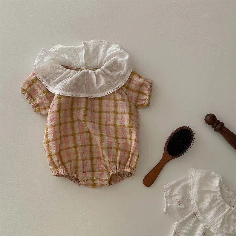 Replenishment Summer Cute Cool Plaid Ruffle Collar Romper Jumpsuit, Climbing Suit