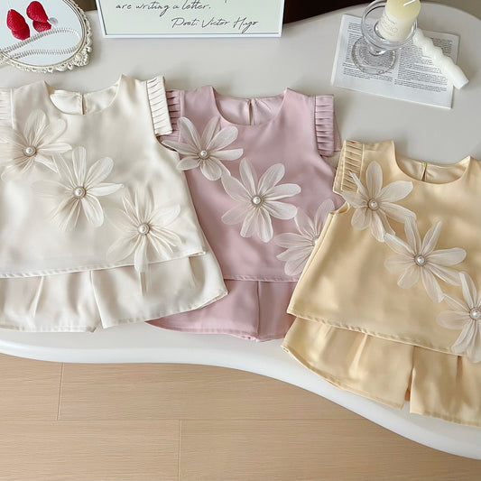 Floral Short Sleeve Blouse Pants Vest Children's Suit