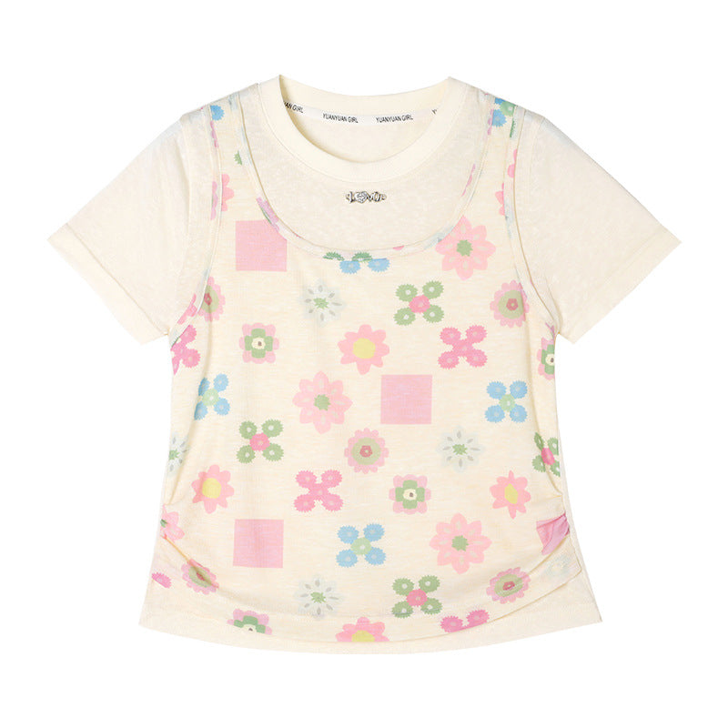 Children's Clothing Summer Fake Two-piece Printed Short Sleeve Middle Children's T-shirt
