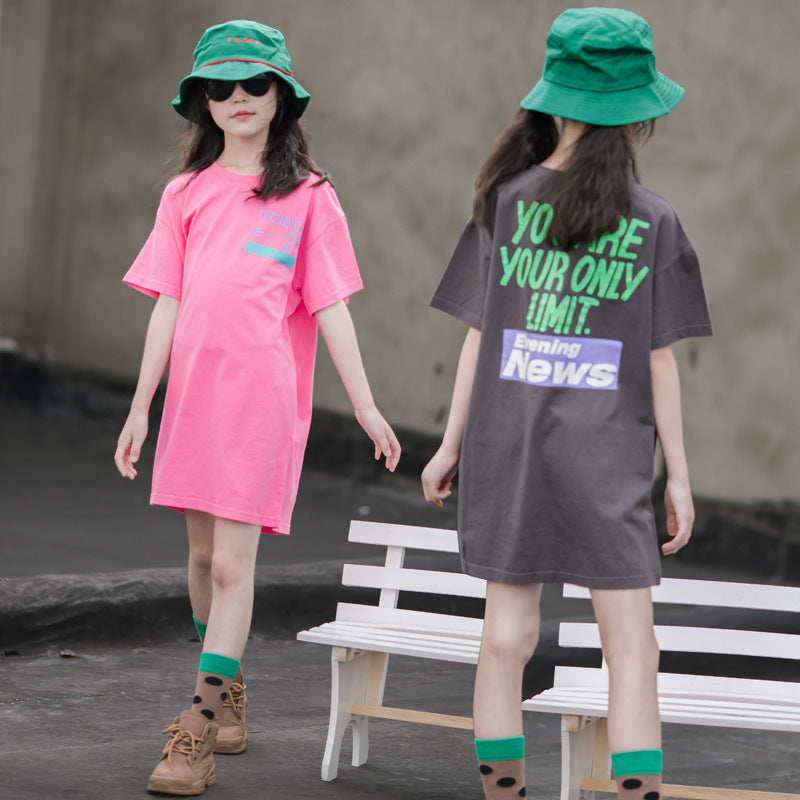Children's Short Sleeve Mid-length Medium Large Western Style Loose-fitting Children's T-shirt