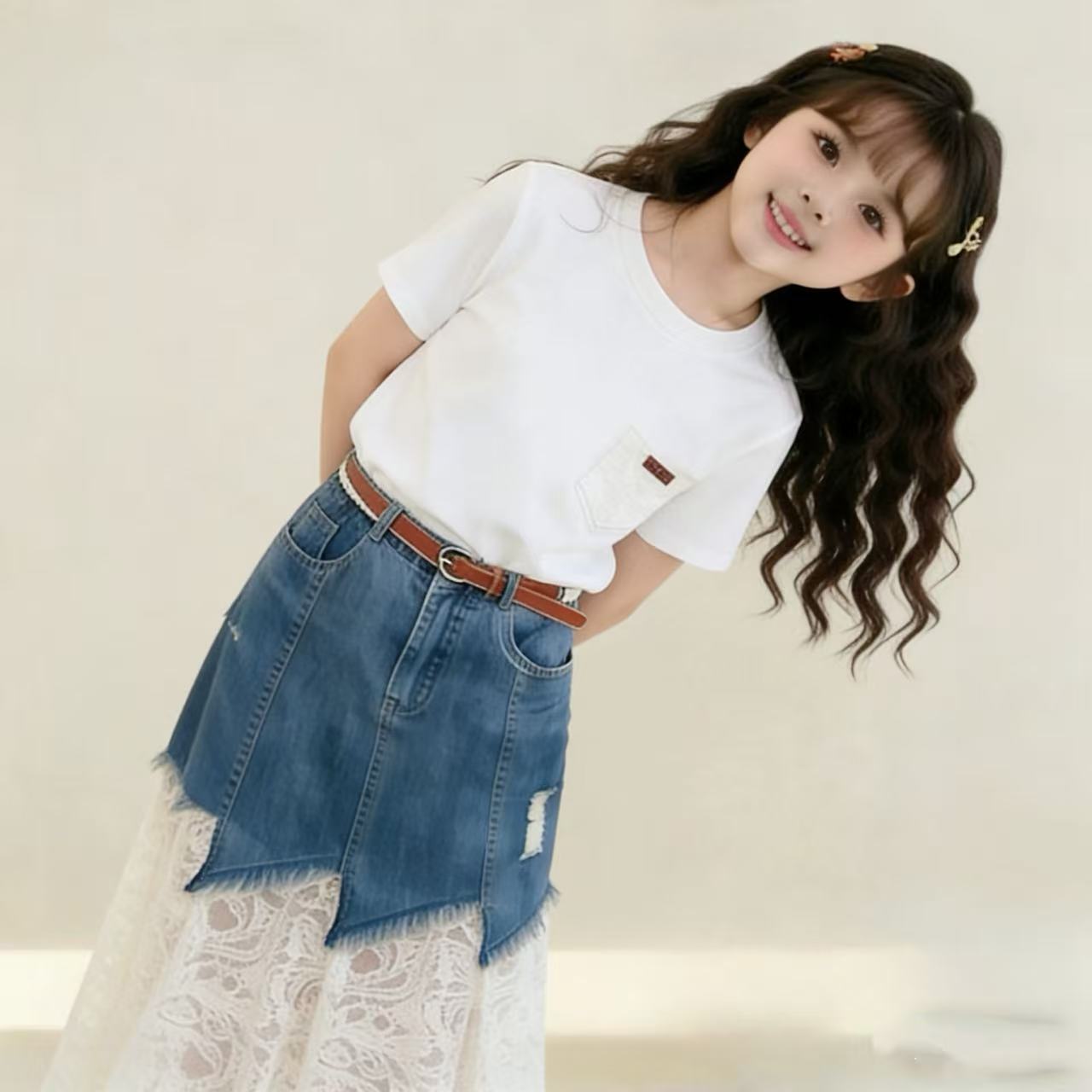 Children's Summer Short-sleeved Denim Lace Skirt Western Children's Suit