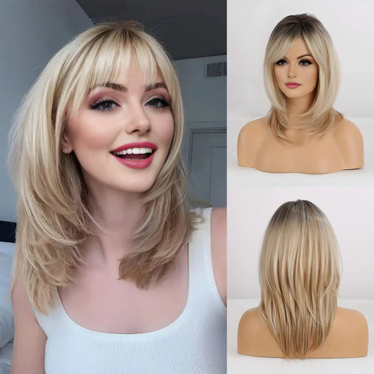 Women's Mid-length Hair Bangs Golden For Suitable Daily Long Straight Wig